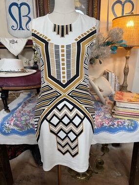 K Jordan White Sleeveless Mini Dress with Black & Gold Geometric Print